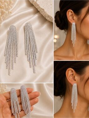Silver Rhinestone Crystal Tassel Drop Earrings | Sparkly Statement Earrings